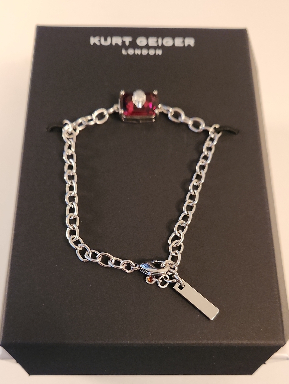 Kurt Geiger Silver-Tone Chain Bracelet with Deep Pink Stone